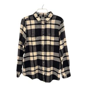 Thread Supply Flannel Top Women Large Black Beige Plaid Relaxed Fit Side Pockets